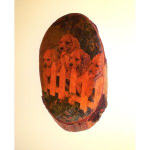 Vintage Golden Retriever Puppies Wood Plaque Decoupage Wall Hanging log 1950's